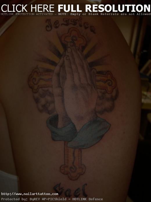 Praying Hands Cross Tattoo on Upper Arm for 2011 520x693