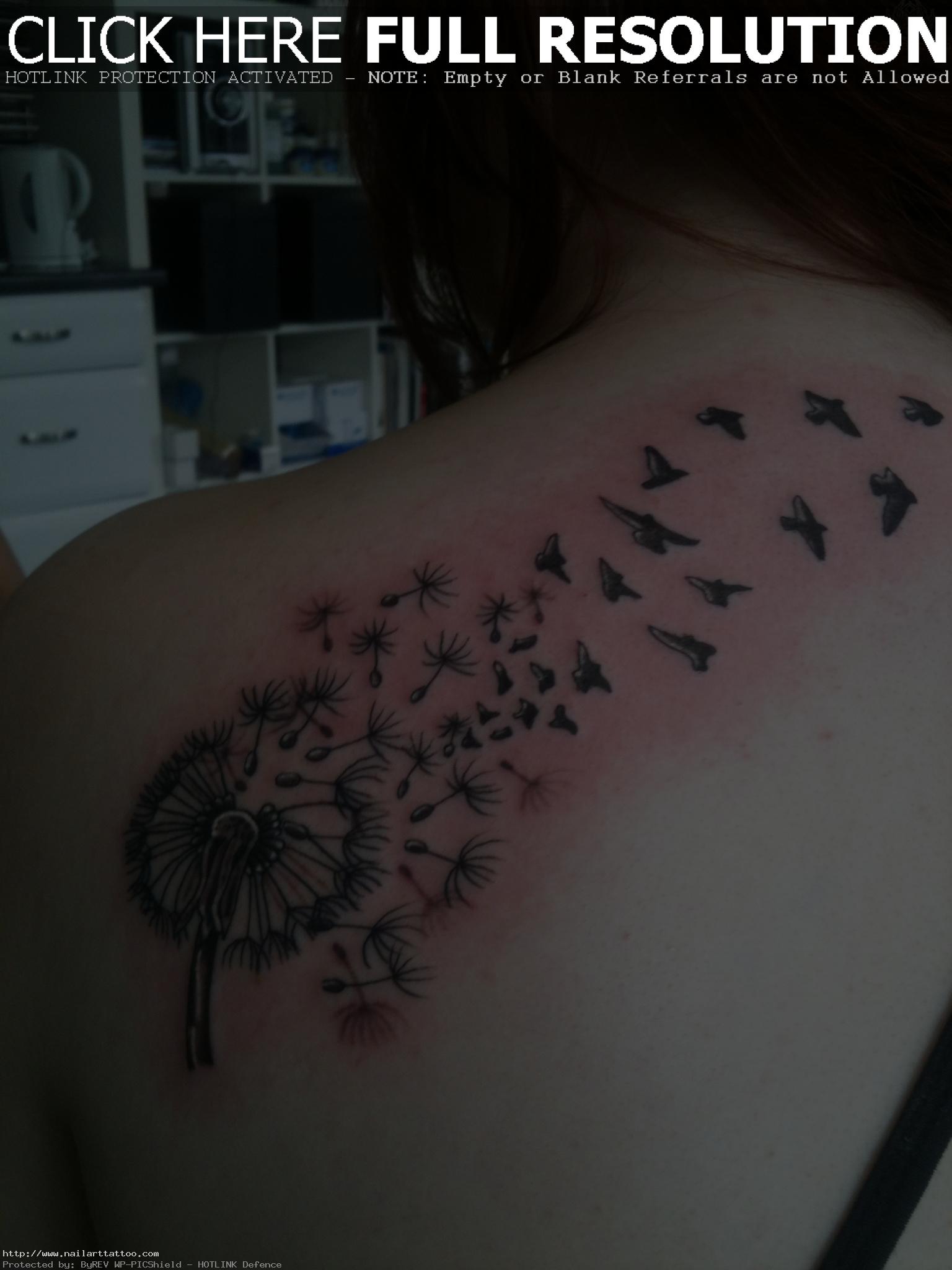 colored dandelion back shoulder tattoo